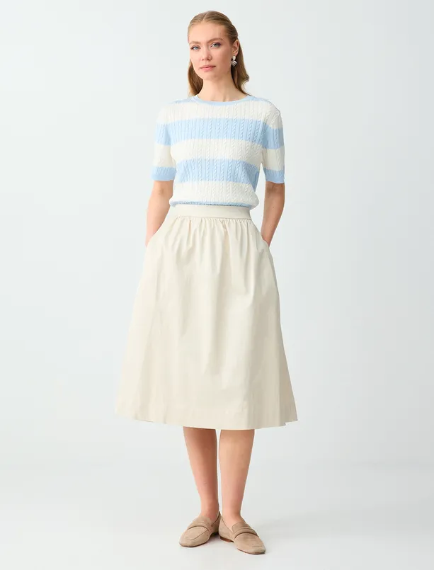 Bayan Bej Normal Bel Rahat Kesim Dokuma Midi Etek