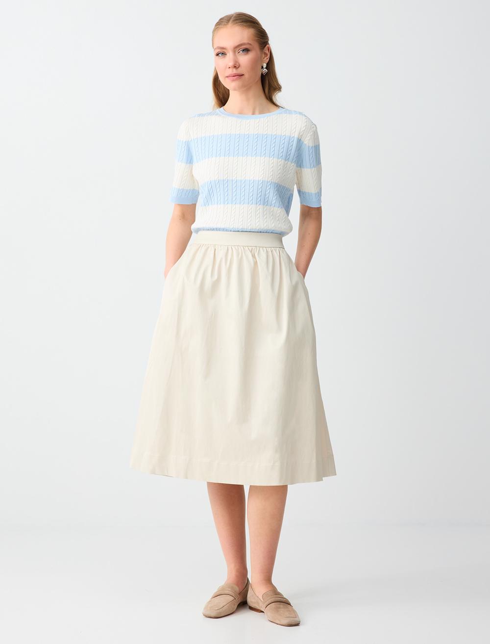 Normal Bel Rahat Kesim Dokuma Midi Etek