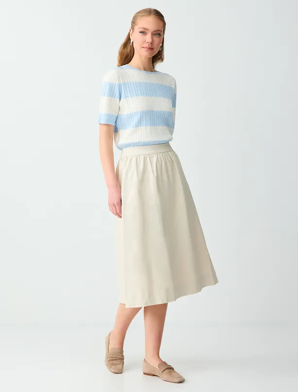 Bayan Bej Normal Bel Rahat Kesim Dokuma Midi Etek