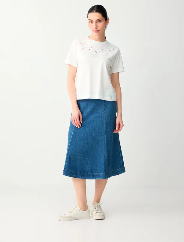 Bayan  %100 Pamuk Yüksek Bel Rahat Kesim Midi Denim Etek