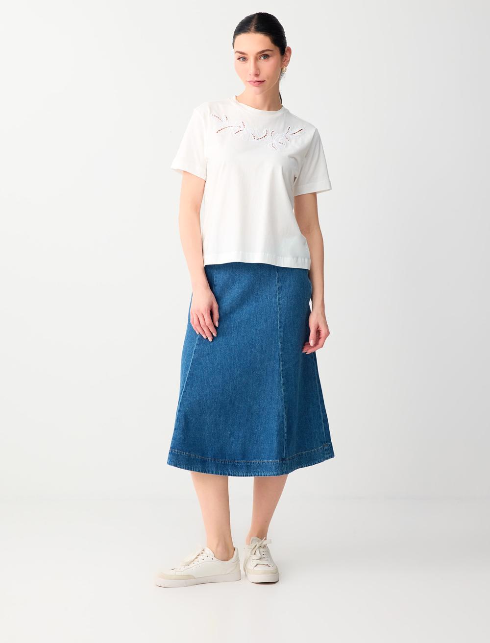 %100 Pamuk Yüksek Bel Rahat Kesim Midi Denim Etek