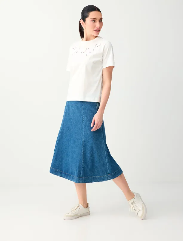 Women Blue 100% Cotton High Waist Relaxed Fit Midi Denim Skirt