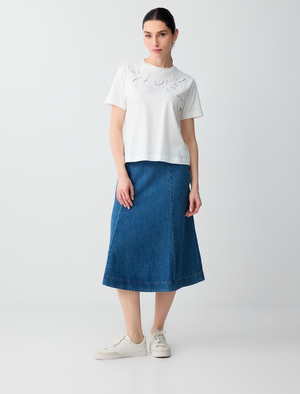 %100 Pamuk Yüksek Bel Rahat Kesim Midi Denim Etek