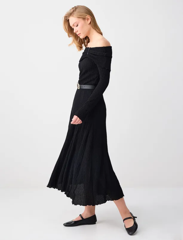 Bayan Siyah Rahat Kesim Normal Bel Midi Örme Etek