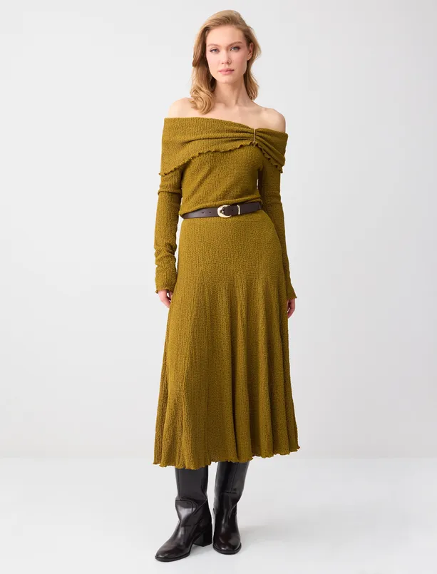 Bayan Yağ Yeşili Rahat Kesim Normal Bel Midi Örme Etek