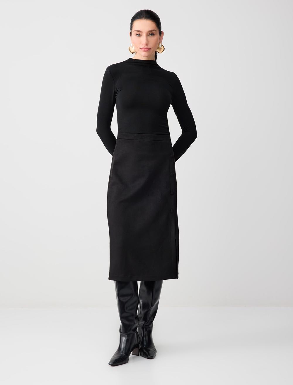 Yüksek Bel Düğme Detaylı Süet Midi Etek