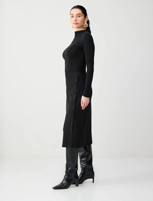 Bayan Siyah Yüksek Bel Düğme Detaylı Süet Midi Etek