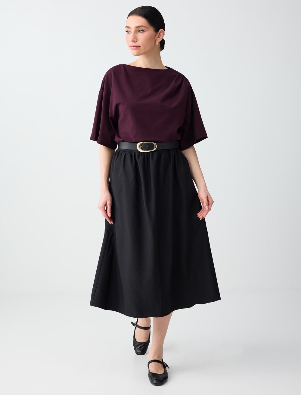 Rahat Kesim Normal Bel Cep Detaylı Dokuma Midi Etek