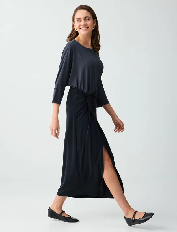 Women Black Modal Knitted Midi Skirt with Normal Waist Slit Detail