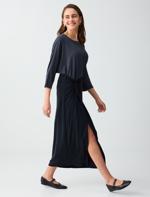 Siyah Normal Bel Yırtmaç Detaylı Modal Örme Midi Etek Kombini