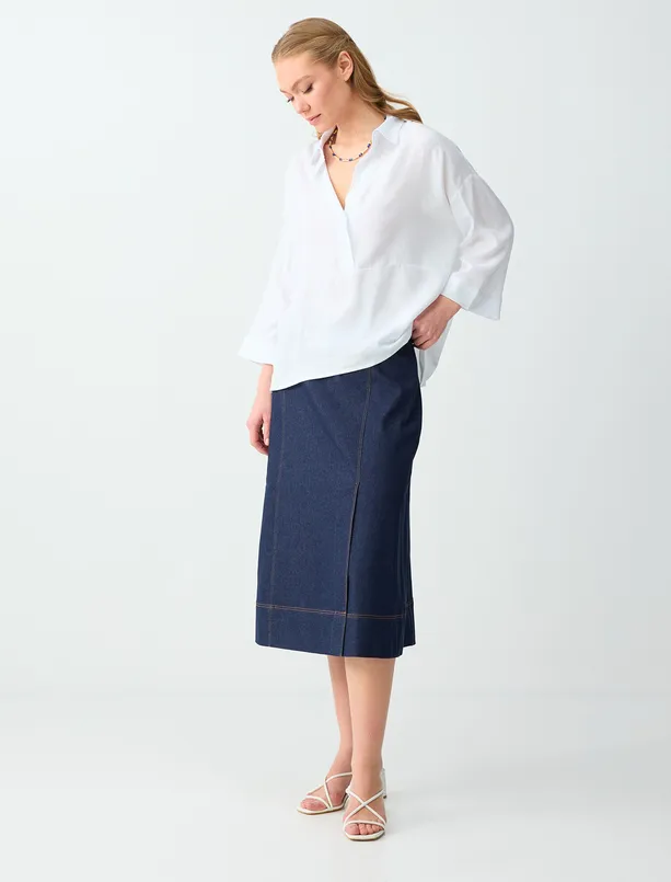 Bayan Mavi Yüksek Bel Rahat Kesim Midi Dokuma Etek