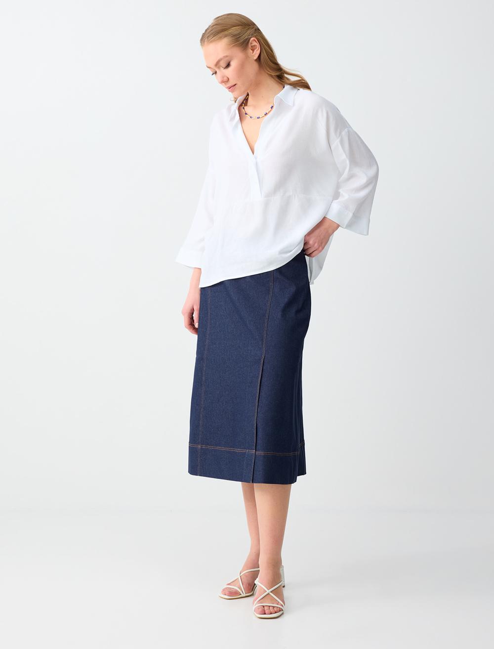 Yüksek Bel Rahat Kesim Midi Dokuma Etek