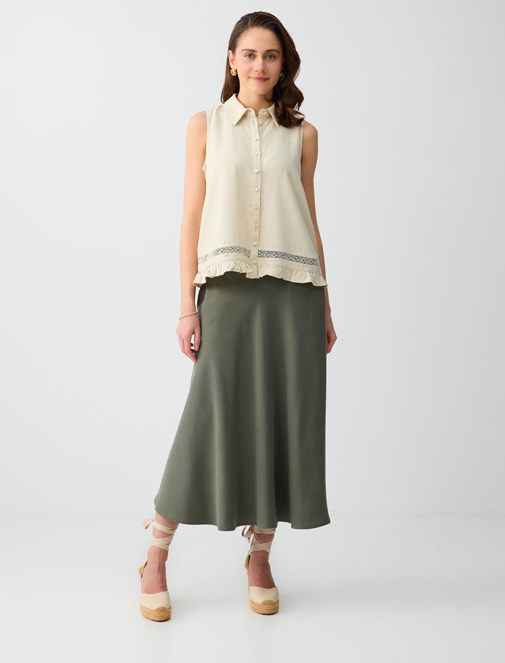 Rahat Kesim Cep Detaylı Normal Bel Midi Etek
