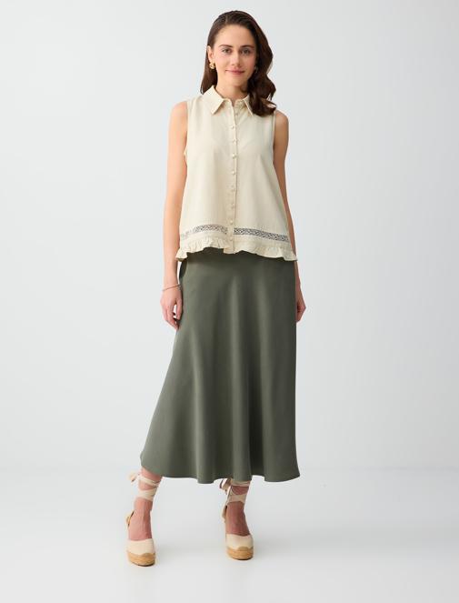Dark Oil Green Relaxed Cut Normal Waist Midi Skirt Combination with Pocket Details