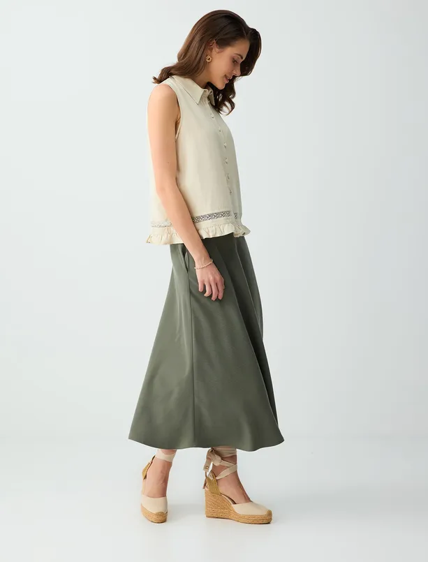 Bayan Koyu Yağ Yeşili Rahat Kesim Cep Detaylı Normal Bel Midi Etek