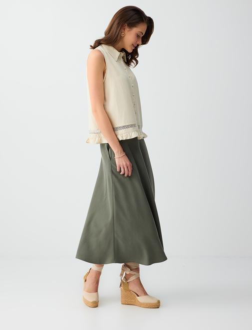 Dark Oil Green Relaxed Cut Normal Waist Midi Skirt Combination with Pocket Details