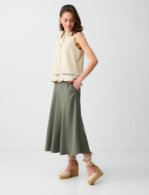Dark Oil Green Relaxed Cut Normal Waist Midi Skirt Combination with Pocket Details