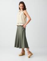 Dark Oil Green Relaxed Cut Normal Waist Midi Skirt Combination with Pocket Details