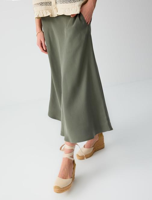 Dark Oil Green Relaxed Cut Normal Waist Midi Skirt Combination with Pocket Details