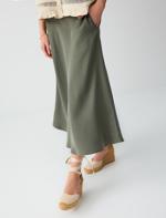 Dark Oil Green Relaxed Cut Normal Waist Midi Skirt Combination with Pocket Details