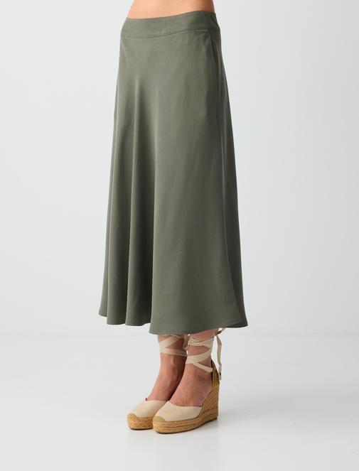 Dark Oil Green Relaxed Cut Normal Waist Midi Skirt Combination with Pocket Details