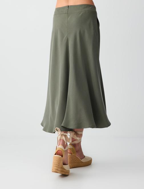 Dark Oil Green Relaxed Cut Normal Waist Midi Skirt Combination with Pocket Details