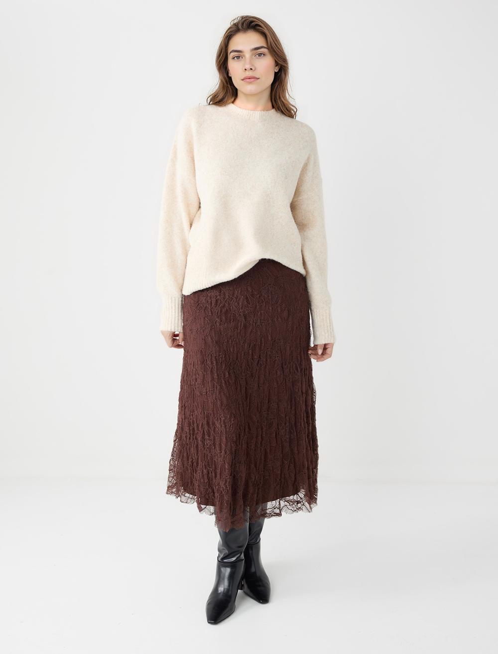 Dantel Detaylı Yüksek Bel Örme Midi Etek