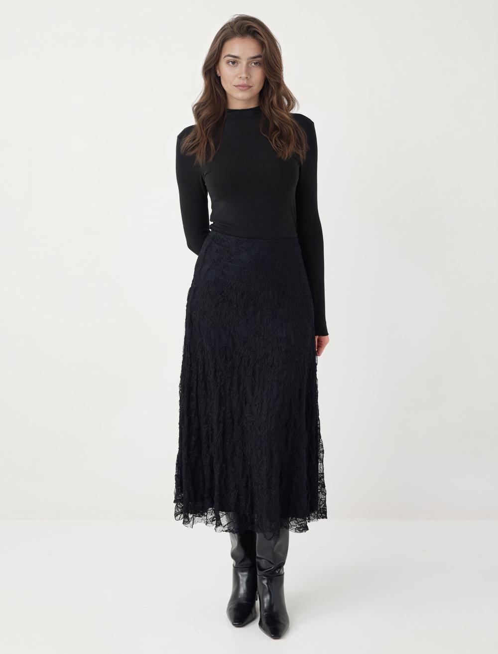 Dantel Detaylı Yüksek Bel Örme Midi Etek