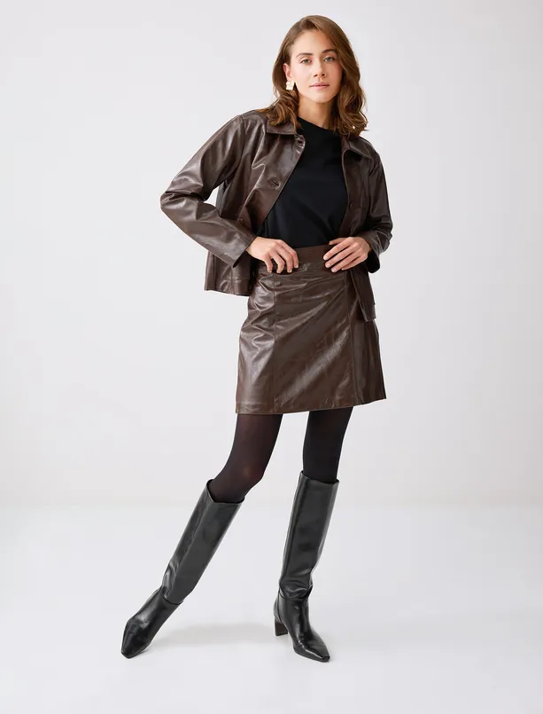 Women  Slim Fit Leather Look Normal Waist Mini Skirt