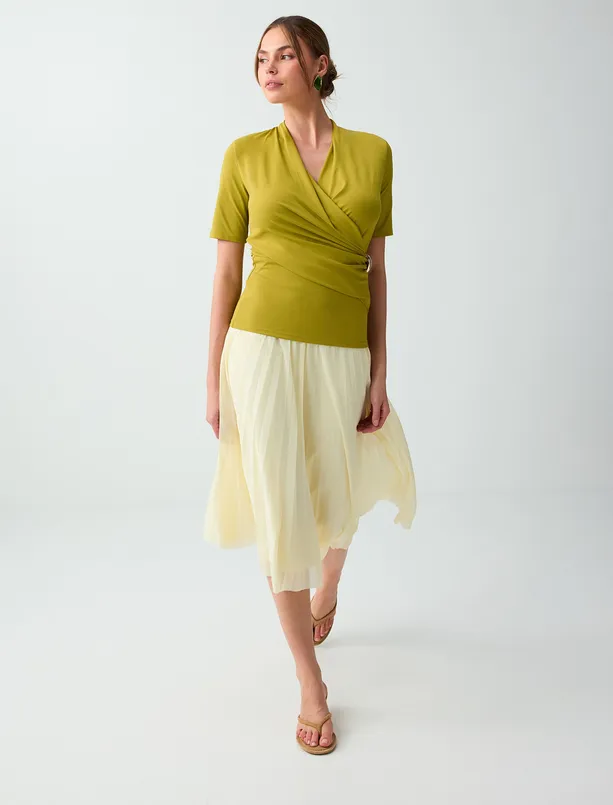 Women  High Waist Relaxed Fit Pleated Mesh Midi Skirt