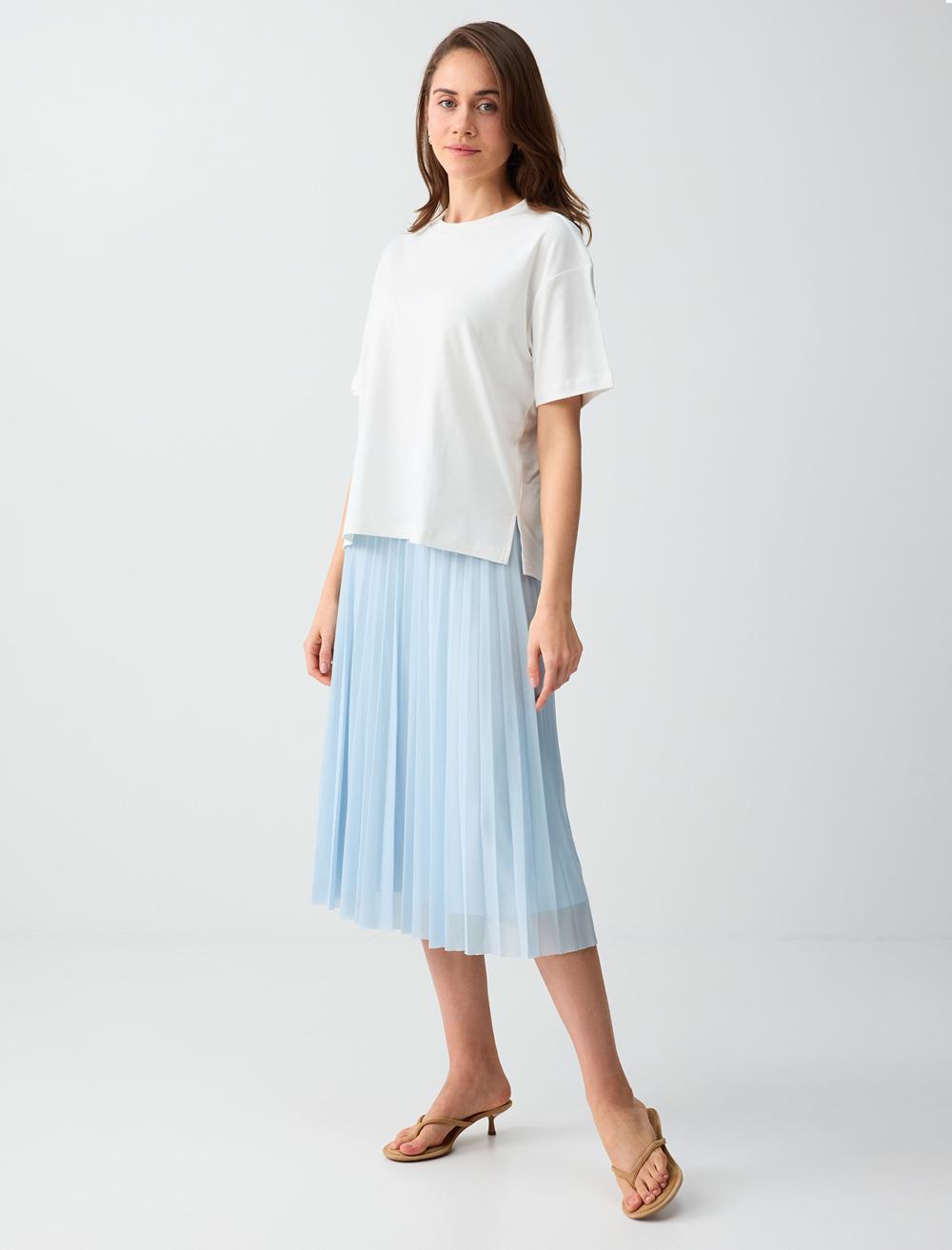 Yüksek Bel Rahat Kesim Piliseli Mesh Midi Etek