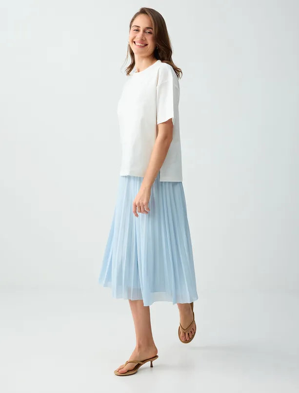 Women Blue High Waist Relaxed Fit Pleated Mesh Midi Skirt