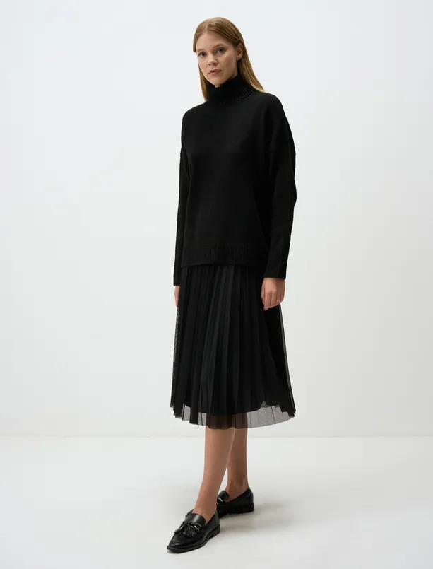 Bayan Siyah Yüksek Bel Rahat Kesim Piliseli Mesh Midi Etek