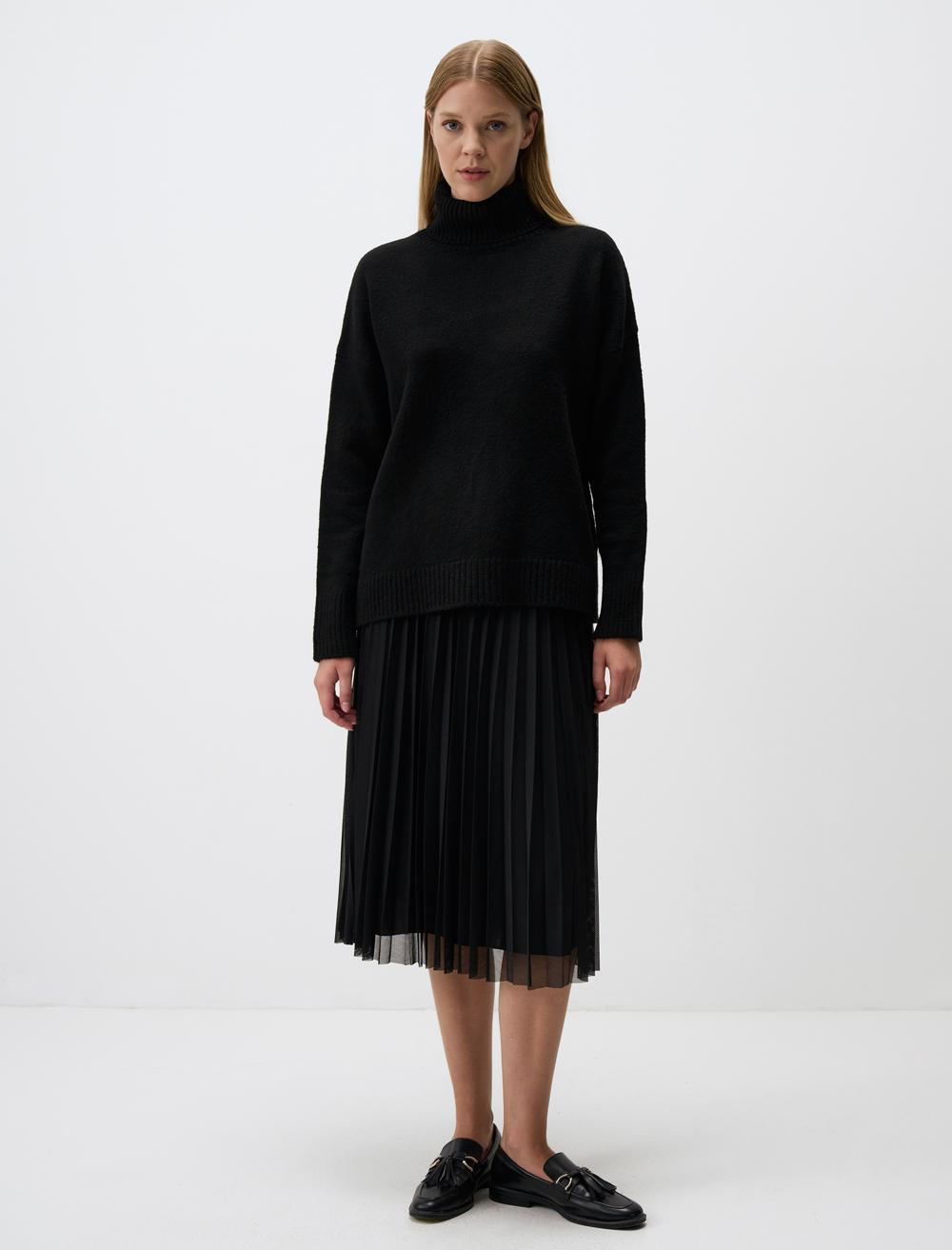 Yüksek Bel Rahat Kesim Piliseli Mesh Midi Etek