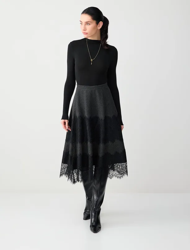 Bayan Antrasit Melanj Dantel Detaylı Yüksek Bel Yumuşak Dokulu Midi Etek
