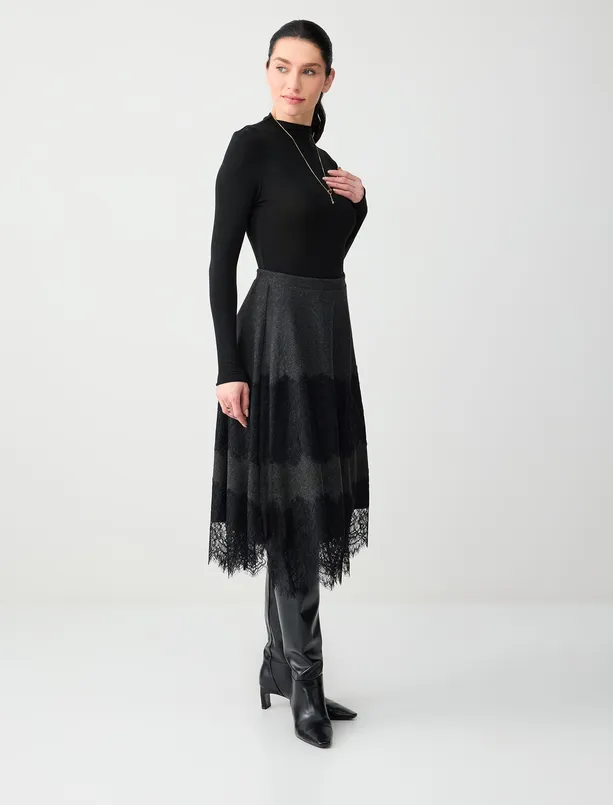 Bayan Antrasit Melanj Dantel Detaylı Yüksek Bel Yumuşak Dokulu Midi Etek