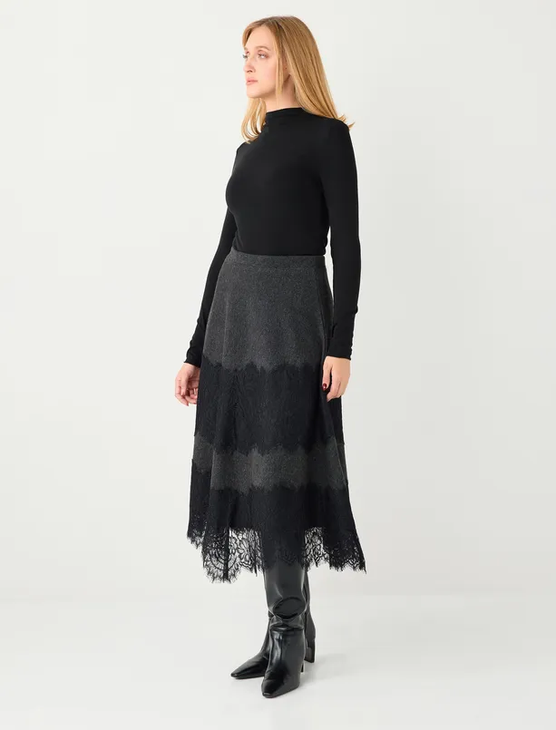 Bayan Antrasit Melanj Dantel Detaylı Yüksek Bel Yumuşak Dokulu Midi Etek