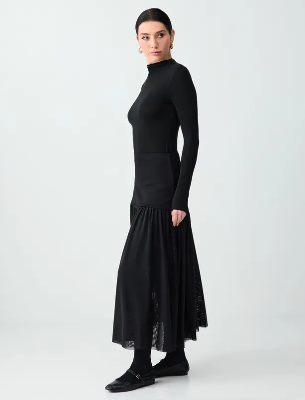 Bayan Siyah Normal Bel Düz Kesim Örme Mesh Midi Etek