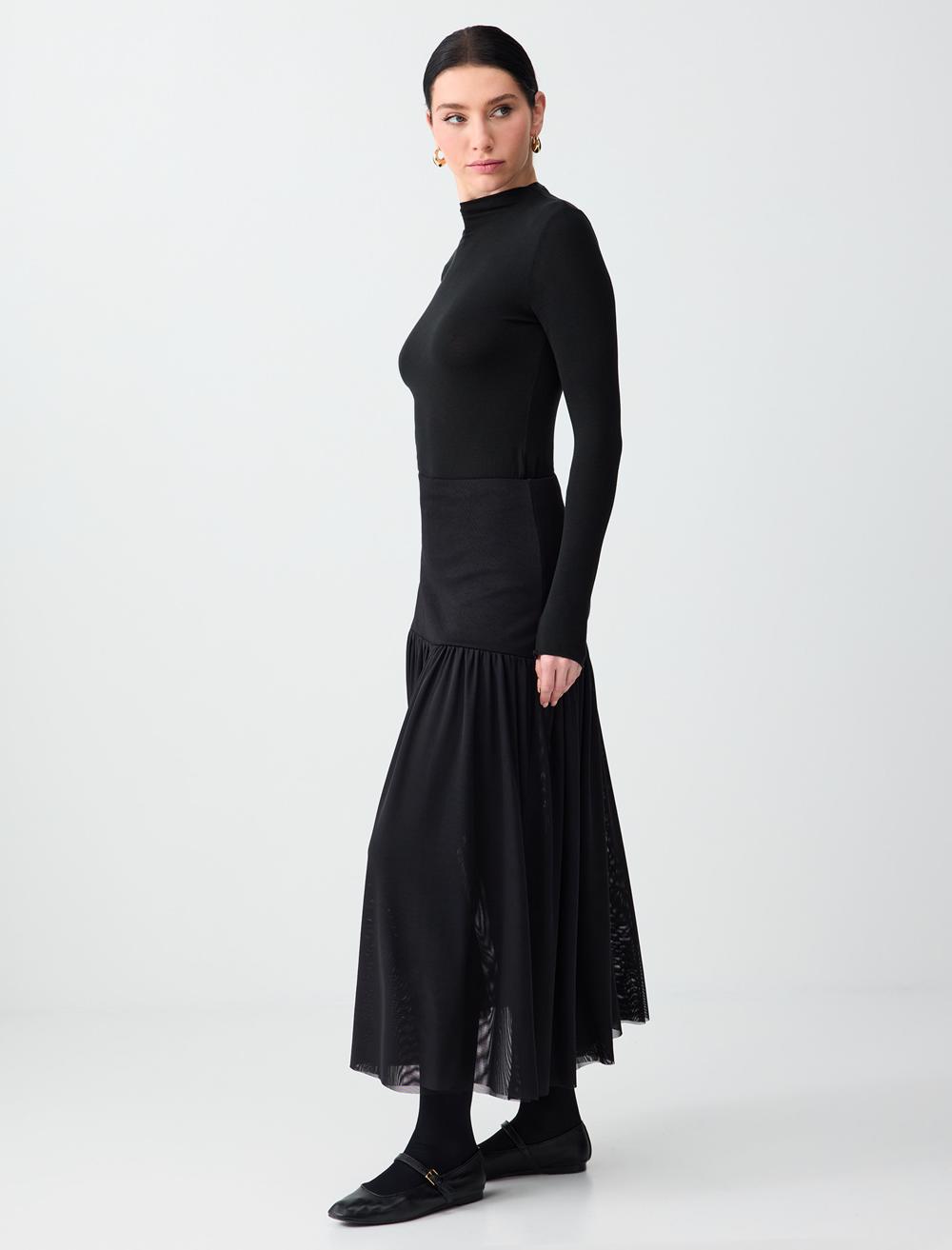 Normal Bel Düz Kesim Örme Mesh Midi Etek