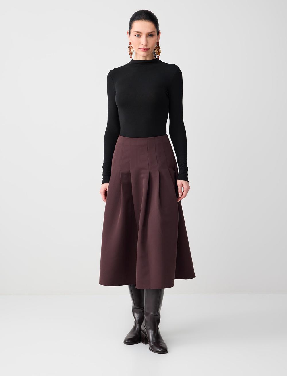 Normal Bel Rahat Kesim Beli Fermuarlı Dokuma Midi Etek