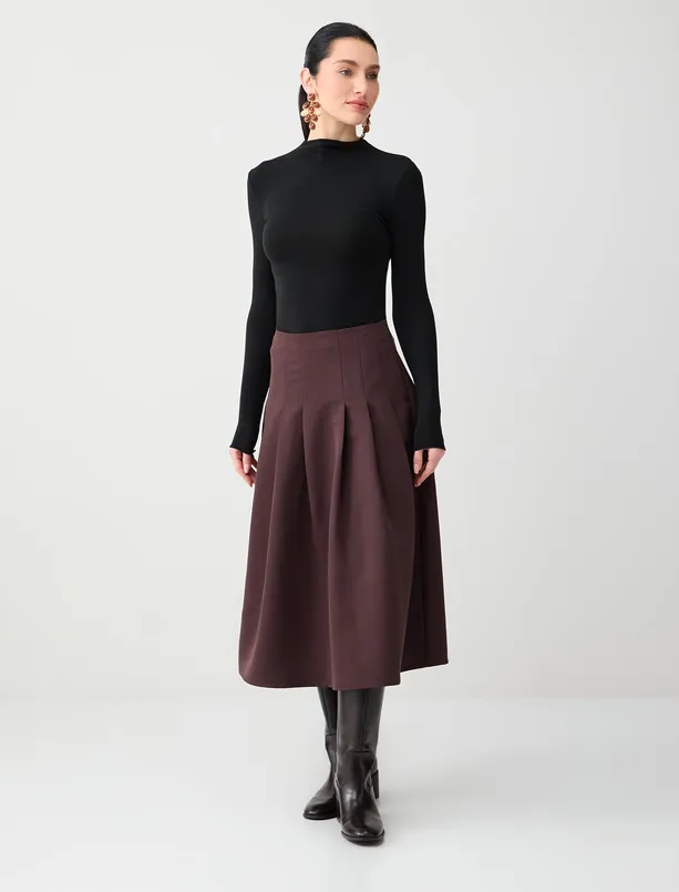 Bayan Kahverengi Normal Bel Rahat Kesim Beli Fermuarlı Dokuma Midi Etek