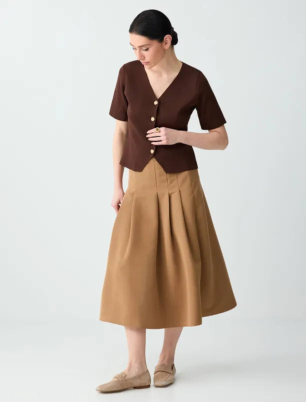 Bayan Deve Tüyü Normal Bel Rahat Kesim Beli Fermuarlı Dokuma Midi Etek