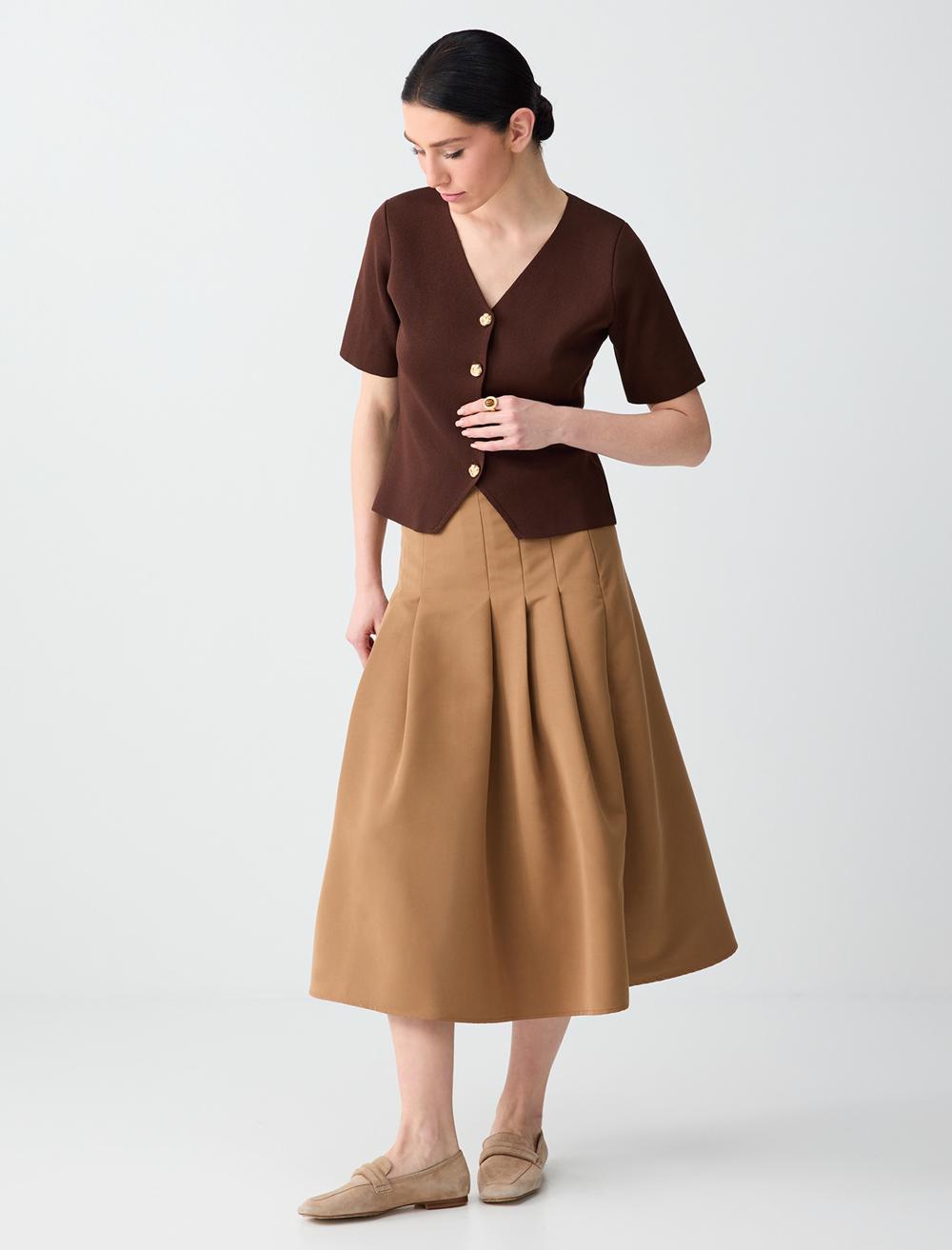 Normal Bel Rahat Kesim Beli Fermuarlı Dokuma Midi Etek