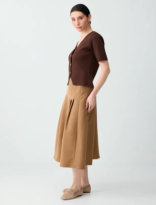 Bayan Deve Tüyü Normal Bel Rahat Kesim Beli Fermuarlı Dokuma Midi Etek