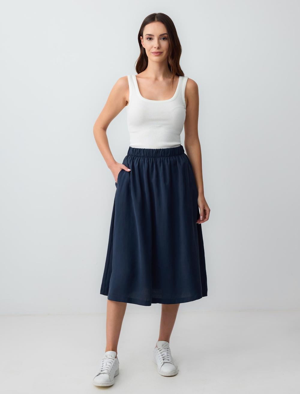 Yüksek Bel Rahat Kesim Dokuma Midi Etek