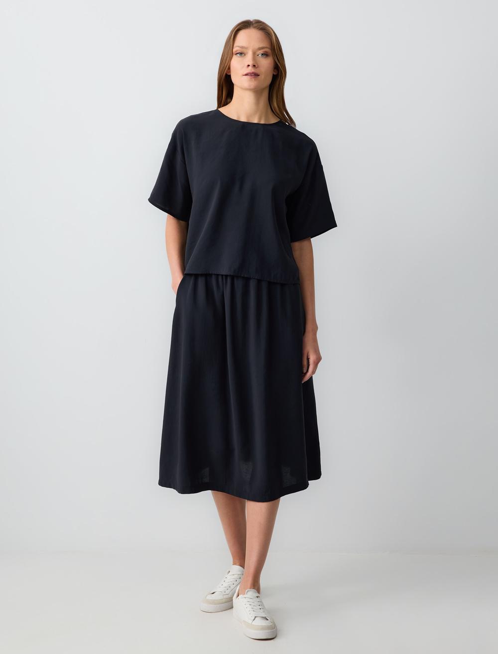 Yüksek Bel Rahat Kesim Dokuma Midi Etek