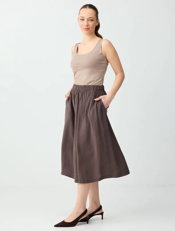 Women  High Waist Relaxed Fit Woven Midi Skirt