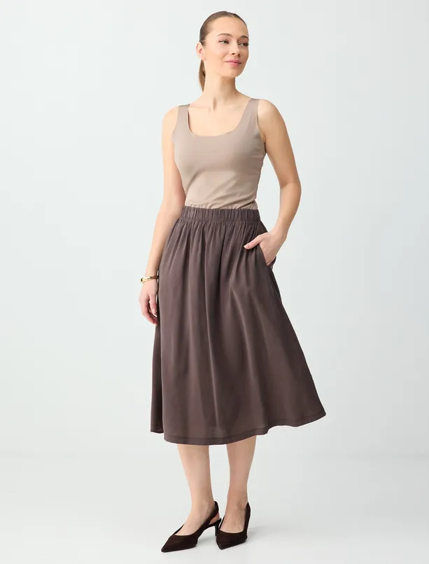 Women Brown High Waist Relaxed Fit Woven Midi Skirt