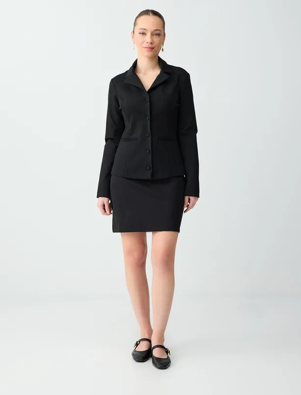 Bayan Siyah Normal Bel Düz Kesim Beli Lastikli Örme Mini Etek