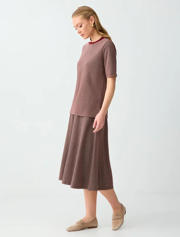 Bayan Bordo Kazayağı Desenli Normal Bel Örme Midi Etek